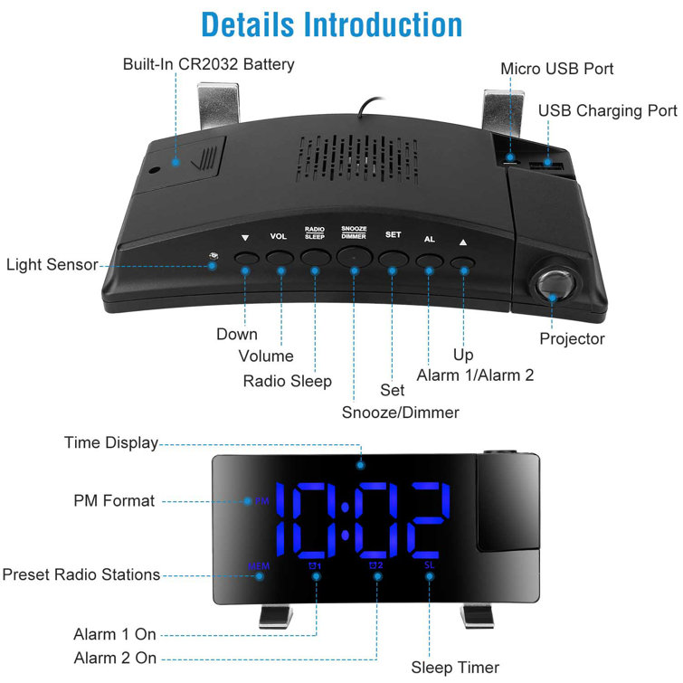 Wrought Studio Projection Alarm Clock With Radio Function 7.7In Curved